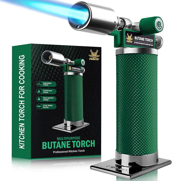 RAVS Butane Torch Lighter, Premium Metal Creme Brulee Torch with Adjustable Flame & Safety Buckle, Cooking Torch for Baking, BBQ, DIY, Green, Butane Gas Not Included