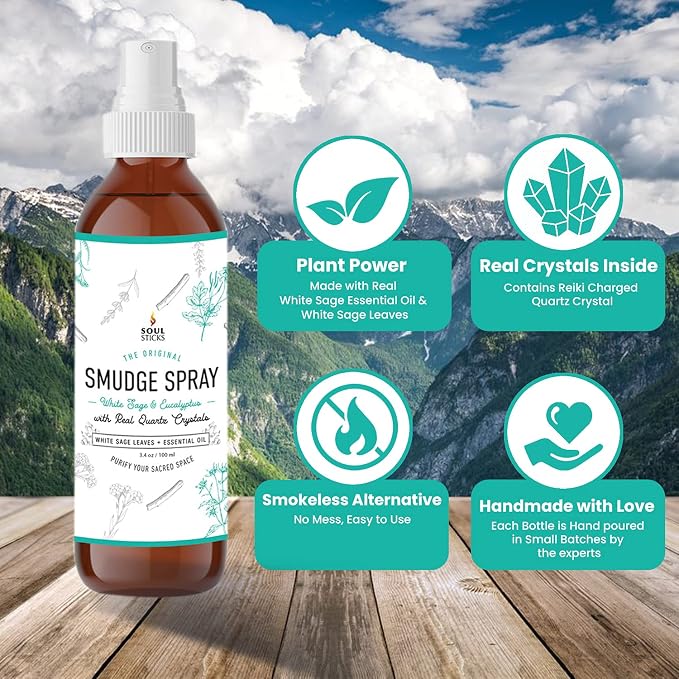 SOUL STICKS White Sage & Eucalyptus Smudge Spray – 3.5oz Smokeless Energy Mist with Quartz Crystals – Essential Oil Spray for Focus, Clarity, Aura Cleansing, Meditation, and Home Refreshing