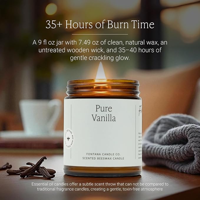 Fontana Candle Co Wood Wick Beeswax Jar Candle, Vanilla – Made Safe with Coconut Oil & Pure Essential Oils – 35+ Hrs Clean Burn, Long Lasting and Non-Toxic Candles for Home & Room Decor