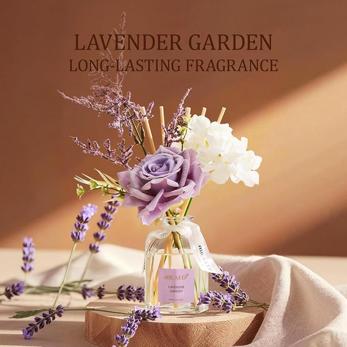 Airkeep Flower Reed Diffuser Set, Lavender Garden Diffuser Gift Set,4.06 fl oz Essential Oil Sticks Diffusers for Bathroom Air Freshener, Aromatherapy Home Fragrance for Shelf Decor, Gift for Women