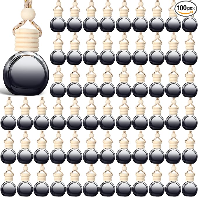 BBTO 100 Pcs Car Air Fresheners Diffuser with Wooden Cap Empty Aromatherapy Diffuser Clear Car Fragrance Holder Pendant Hanging Perfume Fresheners Bottles for Decor (Black,Round)