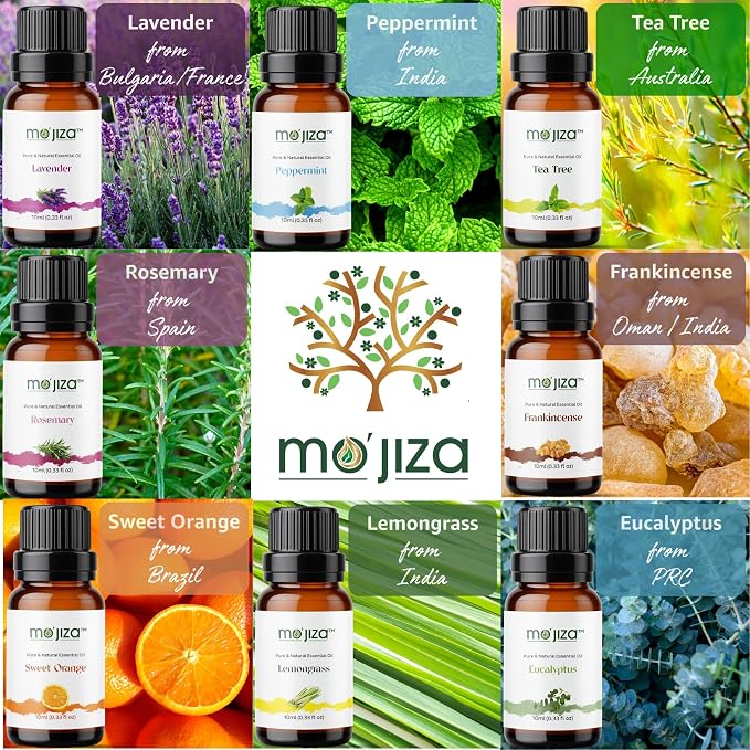 MO'JIZA Pure Aromatherapy Essential Oils Gift Set, 14 Oils-Jasmine, Lemon, Basil, Ylang Ylang, Cedarwood, Cinnamon, Lavender, Tea Tree, and More, 10ml Each. Certified Kosher, Vegan & Cruelty Free