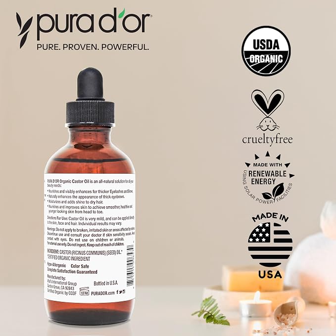 PURA D'OR 4 Oz Organic Castor Oil – Pure Cold-Pressed, Hexane-Free, USDA Certified – Lashes, Brows, Hair, Scalp, Skin-Moisturizer Supporting Softness, Strength, Hydration, Shine & Radiance,(Pack of 2)