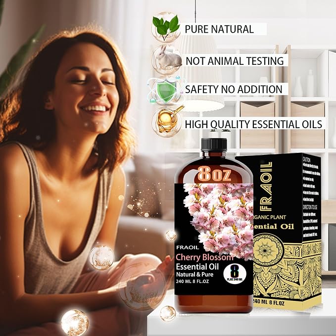 Cherry Blossom Essential Oil, Cherry Blossom Oil 8 Fl Oz 240ML for Diffuser Humidifier Yoga Cleaning DIY Candle Soap Making Perfume Gift for Women FRAOIL (Cherry Blossom 8 Fl Oz (Pack of 1))