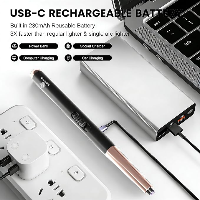 Electric Candle Lighter USB Rechargeable with Safety Lock & LED Display, Windproof Flameless Arc Lighter for BBQ, Camping, Kitchen, Gifts for Women Men(Black)