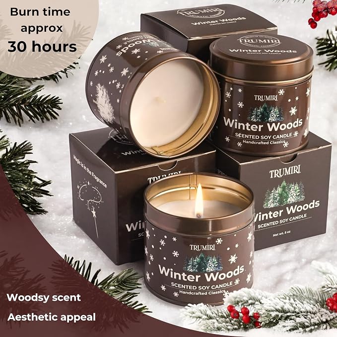 Winter Woods - Soy Candles for Home Scented - for Fall Christmas Holidays - Pack of 3 x 5oz Natural Clean Non Toxic - Long Lasting Highly Scented Pet Safe - Velas Aromáticas para el Hogar Pine Candel