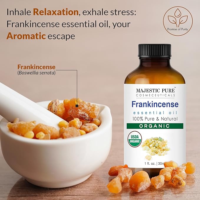 Majestic Pure Organic Frankincense Essential Oil with Glass Dropper - 1 Fl Oz - 100% Pure and Natural Frankincense Oil - Premium Grade Essential Oils for Diffuser, Aromatherapy, Soap and Candle Making