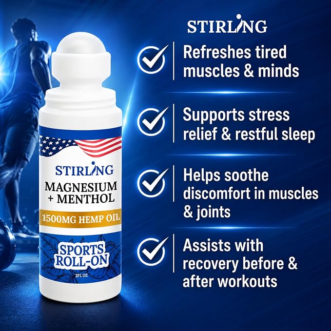 Stirling Menthol Roll On Lotion with Magnesium and 1500mg Pure Hemp - Non-GMO, THC-Free - Fast-Acting Relief for Sore Muscles and Joints, Reduces Swelling and Redness, Promotes Post-Workout Recovery