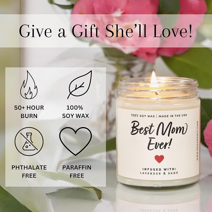 Best Mom Ever Candle & Bracelet Gift Set – Mothers Day Candle Gift for Mom from Daughter Son Kids Husband, Pink Quartz Healing Bracelet, 9oz Lavender & Sage Soy Wax, 50 Hour Burn, Birthday