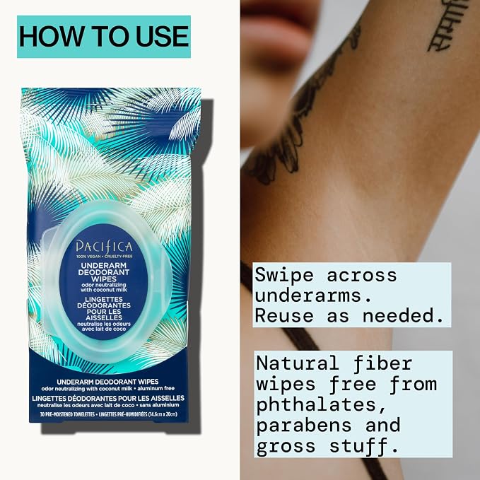 Pacifica Beauty Coconut Milk & Essential Oils Underarm Deodorant Wipes, Helps Remove Odor, Aluminum-Free, Vegan & Cruelty-Free, 30 Wipes (4-Pack)
