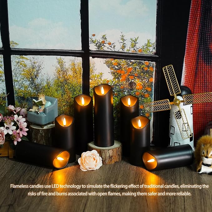 Nimiko Flameless Candles with Remote, Battery Operated Flickering Flameless Candles, LED Candles with Timer 2/4/6/8H, with Realistic LED Candles Set of 12 (D2.2 x H 5" 6" 7") (Black)