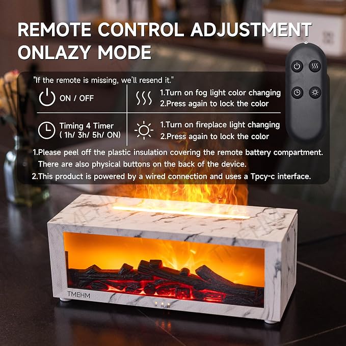 TMEHM Fireplace Flame Air Diffuser Humidifier,7 Colors Aromatherapy Essential Oil Diffuser,Ultrasonic with Timer for Home,Bedroom,Office,Yoga (White Marble)