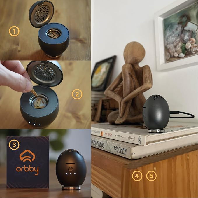 Orbby Scent Diffuser Starter Kit | Mini Portable Desk Diffuser for Office: Electric Incense Burner, Rechargeable Cordless Pet Safe Air Freshener for Home, Flameless (Gray, Inculdes Pellets)
