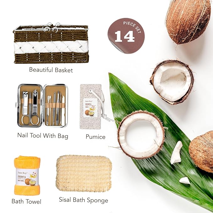 26Pc Bath and Body Gift Basket Set, Coconut Honey Almond Self Care Kit | Spa Gift Basket, Bath Gift Set Skin Care Gift for Fathers Day, Birthday, Christmas, Mother, Bridal Shower, Anniversary