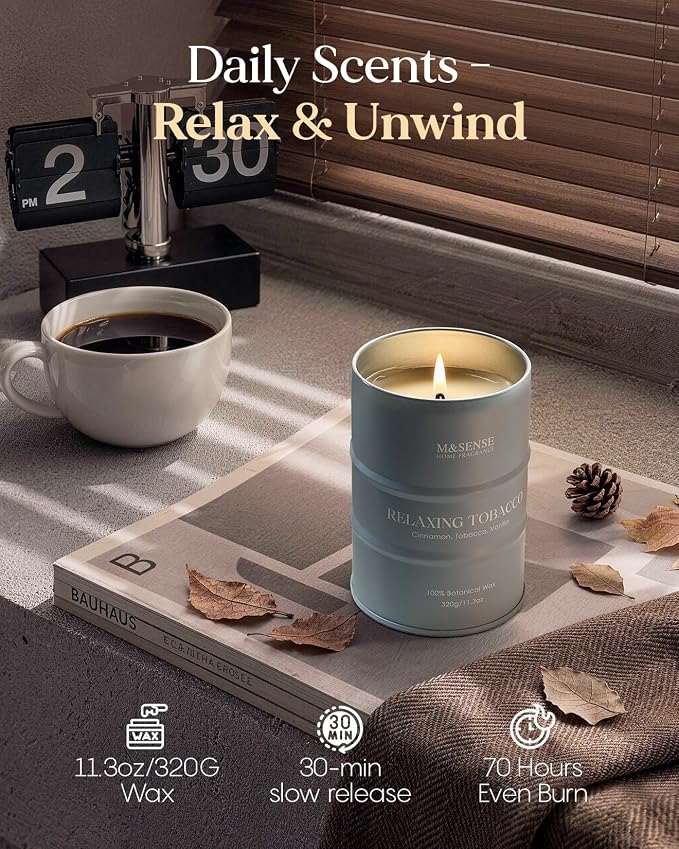 M&SENSE Tobacco Vanilla Scented Candles Natural Non Toxic, Aromatherapy Candle for Stress Relief Meditation Relaxing, Housewarming Gifts for Women Men, 11.3oz 70 Hour Long Burning