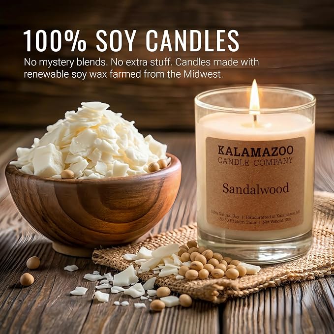 Kalamazoo Candle Company Hand-Poured Soy Wax Candle – 10oz Classic Jar, 60-80 Hour Burn Time – Made in USA, Highly Scented, Phthalate-Free (Sandalwood)
