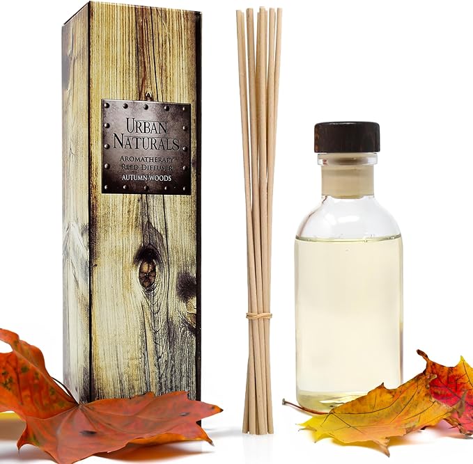 Urban Naturals Autumn Woods Reed Diffuser Set - Dark Walnut, English Lavender and White Amber - A Fresh, Earthy, Woodsy Fall Forage Scent - Made in the USA