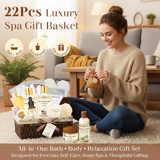22PCS Spa Gift Baskets for Women, Luxury Bath and Body Gift Basket Set for Women Coconut Vanilla Spa Kit Relaxing Spa Self Care Gift for Her Wife Lover Mom Sister