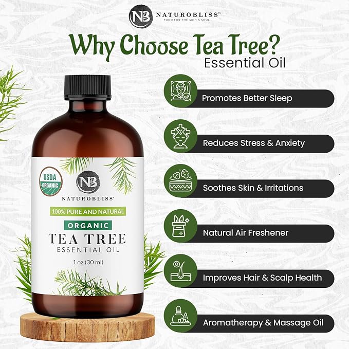 NaturoBliss Organic Tea Tree Essential Oil, 100% Pure Therapeutic Grade, Premium Quality Tea Tree Oil, 1 fl. Oz / 30 ml - Perfect for Aromatherapy and Relaxation (Tea Tree, 30ml)