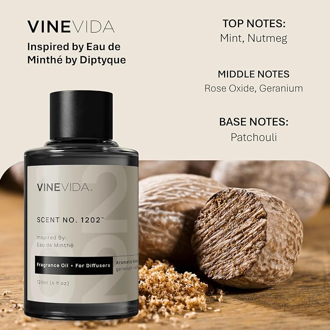 VINEVIDA [4 Fl Oz] Scent NO. 1202 Fragrance Oil for Cold Air Diffusers, Aromatic Notes of Mint, Nutmeg, Rose Oxide & Patchouli Essential Oils for Diffuser Oil Refill & Air Freshener Room Spray