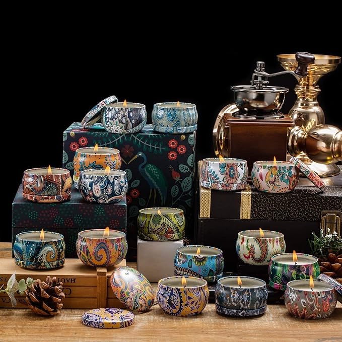Howemon Scented Candles Gift Set, Natural Soy Wax Portable Travel Tin with Strongly Fragrance Essential Oils for Stress Relief and Aromatherapy - 16 Pack