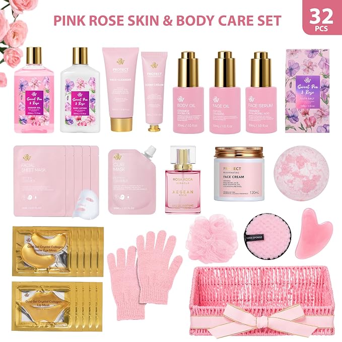 Gifts for Women, Gifts Basket for Women, 32 Pcs Rose Bath and Body Gift Basket Set, Hydrating Facial Skin Care Set, Self Care Pampering Kit, Home Spa Basket Set for Mom & Wife, Birthday, Anniversary