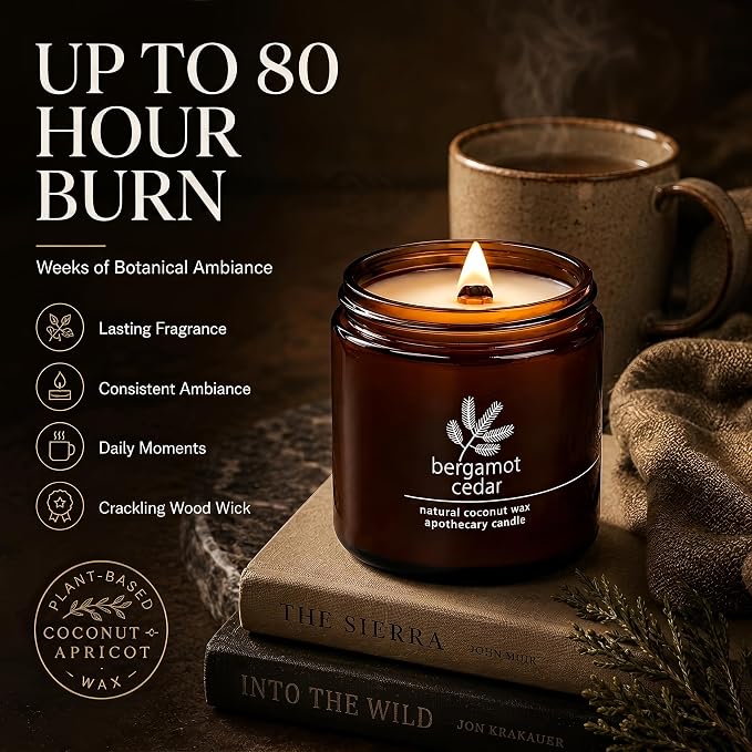 Hemlock Park Bergamot Cedar Apothecary Scented Candle | Crackling Wood Wick, Botanical Fragrance & Coconut Apricot Wax | Up to 80 Hour Burn Time | 16 oz | Made in USA