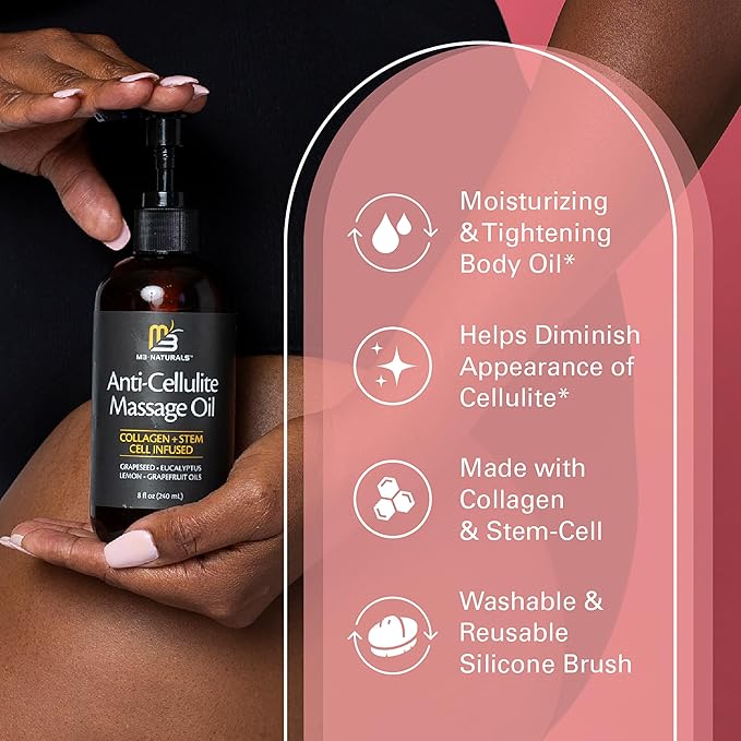 Anti Cellulite Massage Oil and Silicone Body Brush – Collagen and Stem Cell Skin Tightening Formula for Smoothing and Firming, 8 fl oz by M3