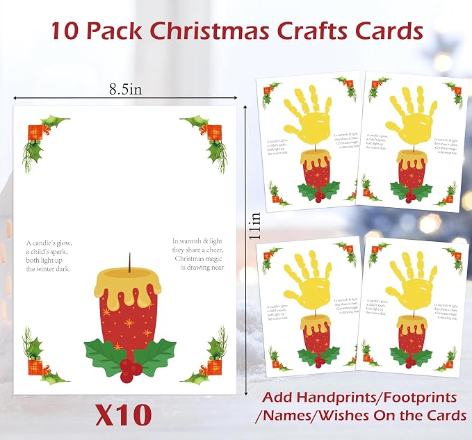 Woukaup 10 Pack Christmas Candle Handprint Art Greeting Cards Bulk, My First Christmas Crafts for Toddlers Preschool Daycare Finger Paint Activity, Handmade Keepsake Gifts for Mom Grandparents