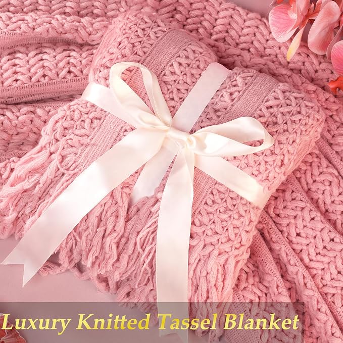 Gift Basket for Women, Self Care Set with Knitted Throw - Care Pkg - Pink | for Women Mom Her Friend Sister Wife Grandma Fringe Blanket, Spa Bath Bombs Candle Soap Sea Salt, Birthday Get Well