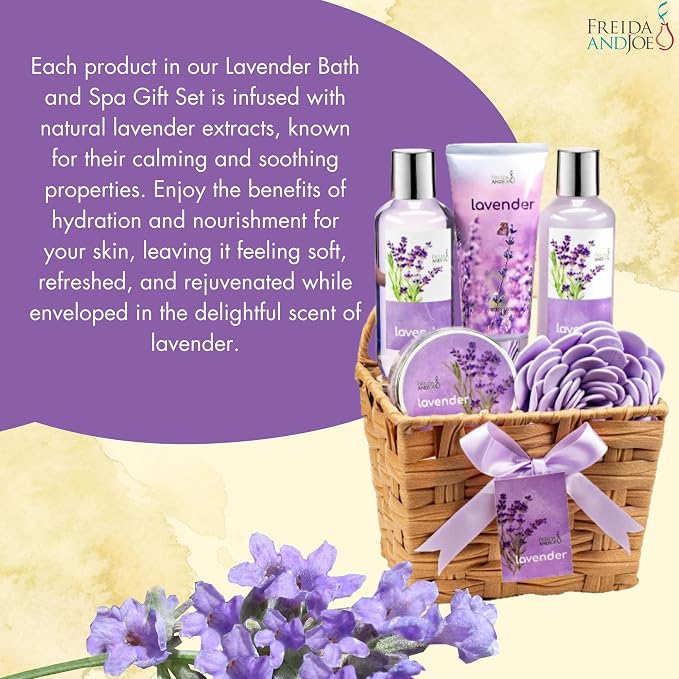 Lavender Bath and Body Gift Set in a Wicker Basket Calm & Relaxing Lavender Spa Gift Set for Women – Perfect Self-Care Gift for Valentiness, Birthdays & Special Occasions Valentines Gift