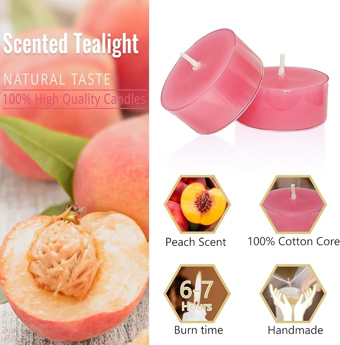 Hot Pink Tea Lights Set of 24, Peach Scented Tealight Candles, Handmade Tea Candles, Long Burning Tealights for Romantic Wedding Home Decor Gift