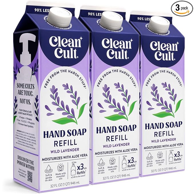 Cleancult Liquid Hand Soap Refills - Wild Lavender - Moisturizes Dry & Sensitive Skin -Made with Aloe Vera & Lavender Essential Oils - Eco Friendly - Paper-Based Packaging - 32 oz/3 Pack