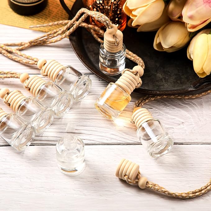 BBTO 50 Pcs Hanging Car Freshener Car Diffuser Bottles with Wooden Caps Empty Glass Perfume Bottle Freshener Diffuser Bottle Pendant for Essential Oil Fragrance Aromatherapy Ornament (Cylinder)
