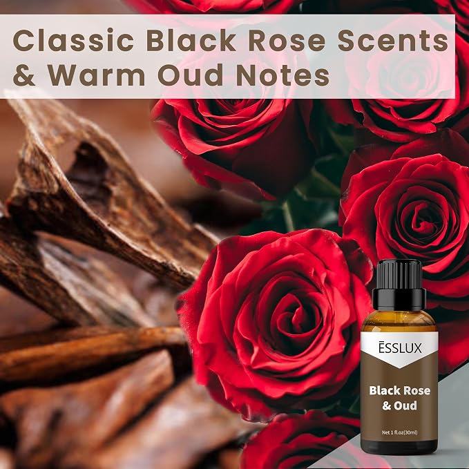 Black Rose & Oud Fragrance Oil - ESSLUX Essential Oils for Diffuser, Candle Soap Making Scents, Aromatherapy Scented Massage, Perfume for Humidifier Home Fragrance, 1 fl oz