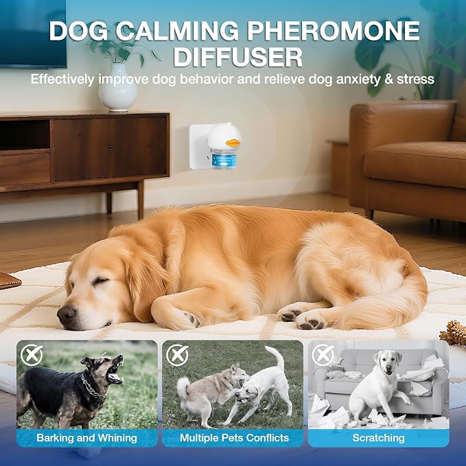 Dog Calming Pheromones Diffuser 3 in 1 Kit Appeasing Pheromone Diffuser to Calm (2 Plug in+2 Pack 48ml Refill) for Anxiety Relief Reduce Aggression Fighting Barking Stress 60 Day Supply(Tasteless)