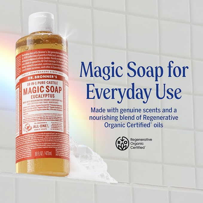 Dr. Bronner's Pure-Castile Magic Soap Liquid (Eucalyptus, 8 Ounce) - Made with Regenerative Organic Certified Oils, 18-in-1 Uses: Face, Body, Hair, Laundry, Pets and Dishes, Concentrated, Vegan