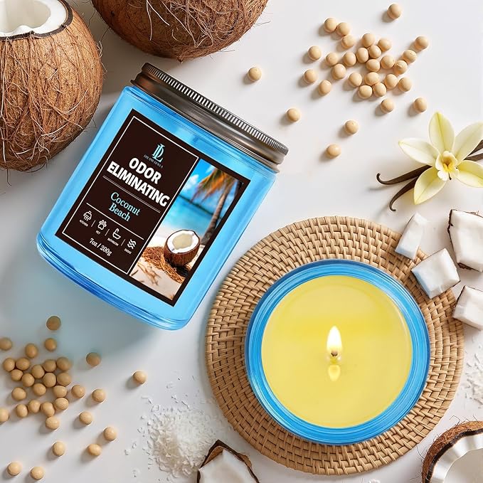 Coconut Beach Odor Eliminating Highly Fragranced Candle, Eliminates 95% of Living Room, Bedroom, Bathroom and Other Smells Quickly, Air Freshing Scented Candles, Soy Candle Gifts for Women Men, 7oz