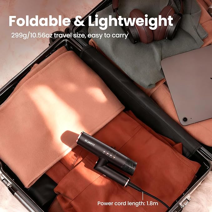 Hair Dryer with Diffuser, Surfit Blow Dryer, Foldable Travel Hairdryer, 110,000 RPM Professional Ionic Hair Dryer for All Hair Types, 1 Min Fast Drying, Precision Styling, No Heat Damage