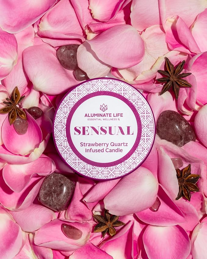 Luxury Candle Tin, 6 OZ, Sensual - Strawberry Quartz Crystal Infused - Scents of Star Anise, Rose, Sichuan Pepper & White Musk - Coconut Wax, Essential Oils, Dr. Developed