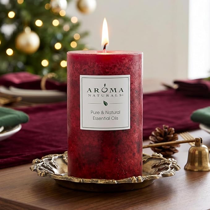 Aroma Naturals Holiday Orange, Clove and Cinnamon Essential Oil Scented Pillar Candle, Warm Spice, 2.5 inch x 4 inch