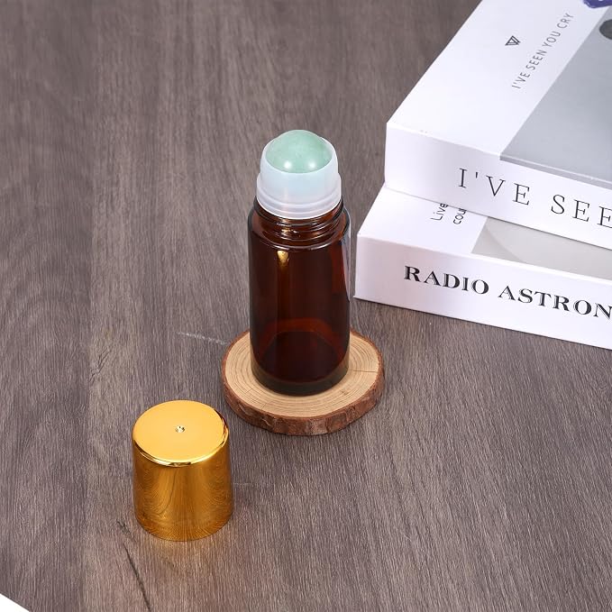2 Pack 1.7oz Large Amber Glass Roll on Bottles for Essential Oils, Refillable Roller Ball Applicator with Green Crystal Rollerball, Perfume Deodorant Containers, Leak-Proof for Aromatherapy & Skincare
