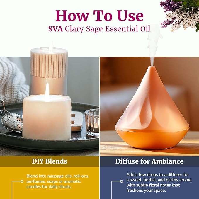 SVA Clary Sage Essential Oil Organic – 1/3 Fl Oz – 100% Natural Organic Clary Sage Oil - for Diffuser, Hair Care, Face, Skin Care, Aromatherapy, Scalp and Body Massage, Soap and Candle Making
