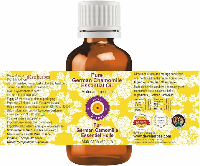 dève herbes German Chamomile Essential Oil (Matricaria recutita) Pure | Non-Sticky | Non-Greasy | Lightweight | Men & Women | All Skin Types | Steam Distilled 10ml (0.33 oz)