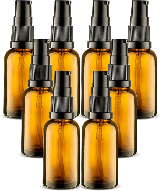 VitalUp 8 Pack Empty Refillable Glass Amber Pump Bottle Ideal for Lotion Cream Essential Oil Travel Small Container, 30ml