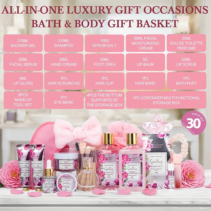 27 Pcs Spa Day Gifts Basket for Women, Camellia & magnolia Bath and Body Gift, Facial Skin Care Set, Self Care Pampering Kit, Face Serum, Lip Care, Home Spa, Birthday, Mother Day, Bridal Shower