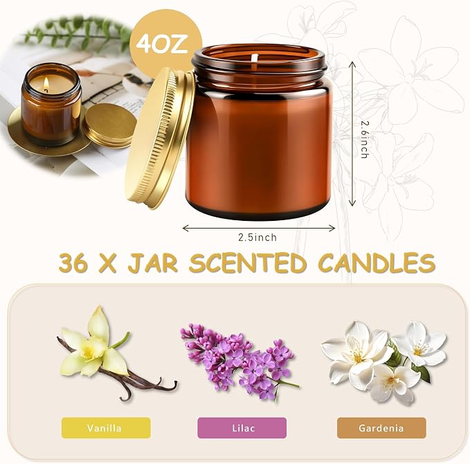 ACITHGL 36 Pcs 4oz Mini Mason Jar Candles Small Scented Candles Bulk Aromatherapy Ideal Souvenir Favors for Wedding Birthday Party (Vanilla, Lilac, Gardenia, Amber)