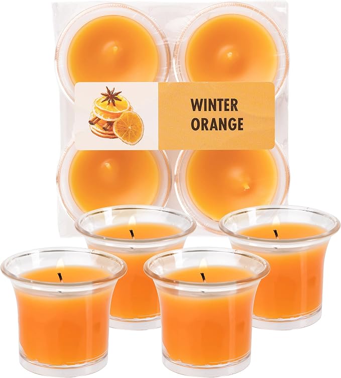 HYOOLA Clear Cup Scented Votive Candles - Winter Orange - 12 Hour Burn Time - 4 Pack - European Made