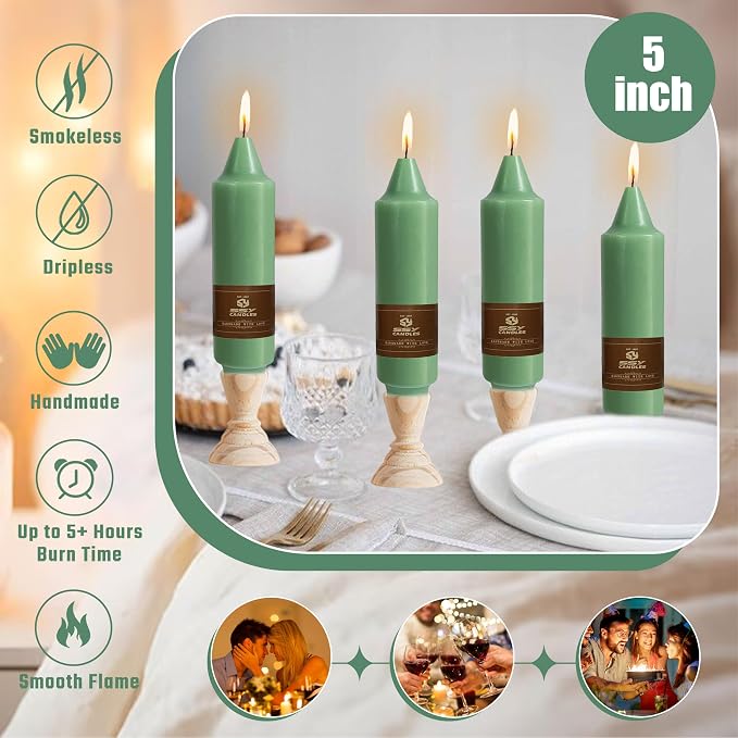 Sage Green Short Taper Candle 5 Inch Candlesticks Unscented Dripless Tapered Candle Set for Home Decor Wedding Party Dinner Candles, 4 Pack