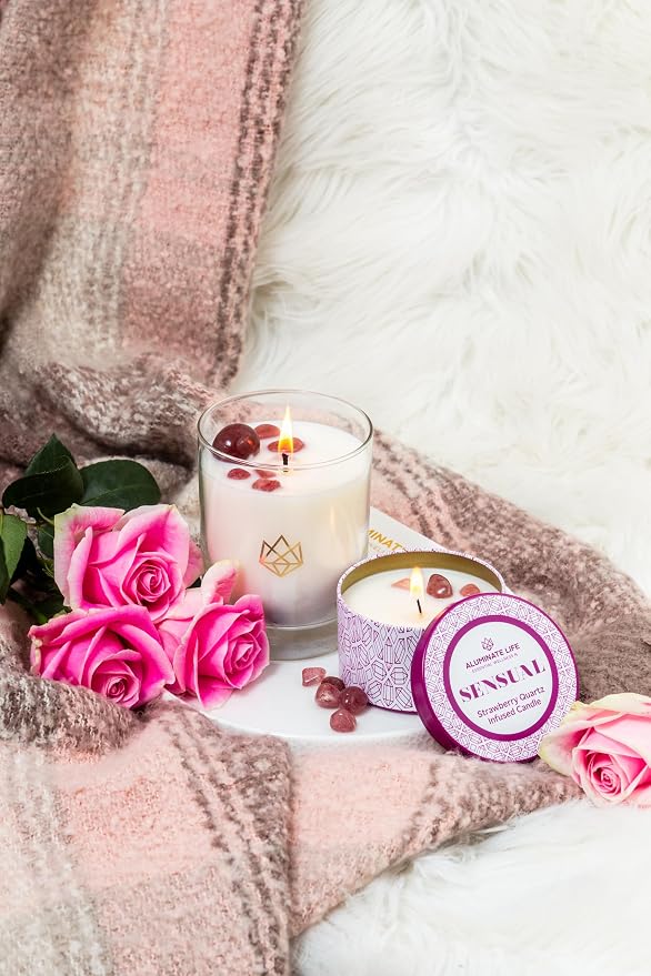 Luxury Glass Jar Candle, 14 OZ, Sensual - Strawberry Quartz Crystal Infused - Scents of Star Anise, Rose, Sichuan Pepper & White Musk - Coconut Wax, Essential Oils, Dr. Developed